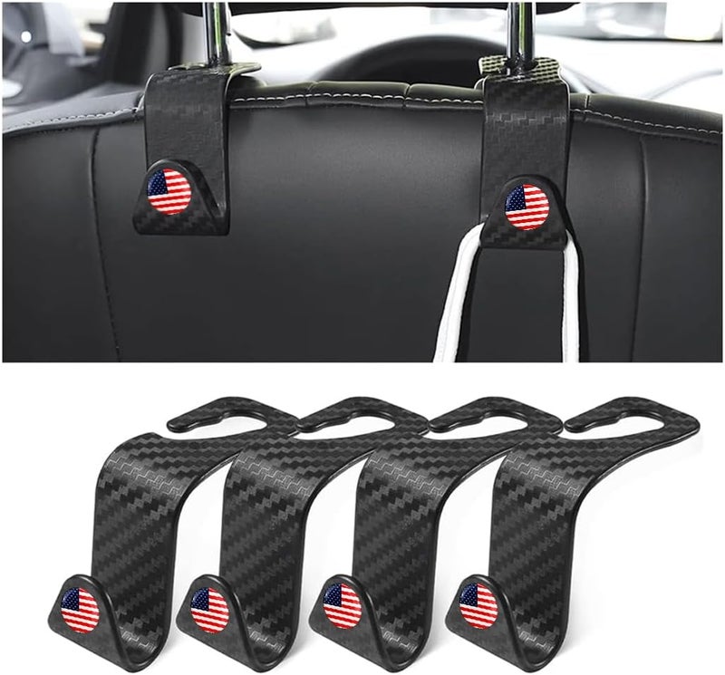 Hanemia 4PCS Car Seat Headrest Hooks, Auto Back Seat Hanger Holder, Durable Stylish Vehicle Organizer Universal Car Interior Accessories, Storage Hooks for Purses, Bags, Clothes, Coats (Carbon Fiber/Red Flag) - Image 1